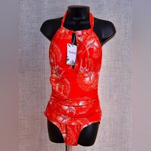 NWT Women’s One Piece Ruched Tummy Area Neck Tie Back Out Swimsuit Orange Size L